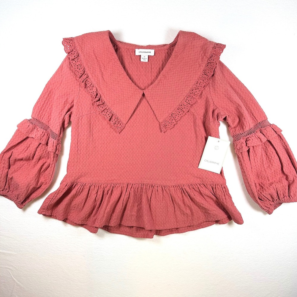 Calligraphie Rose Cotton Eyelet Lace Collar Peplum Blouse Medium NWT